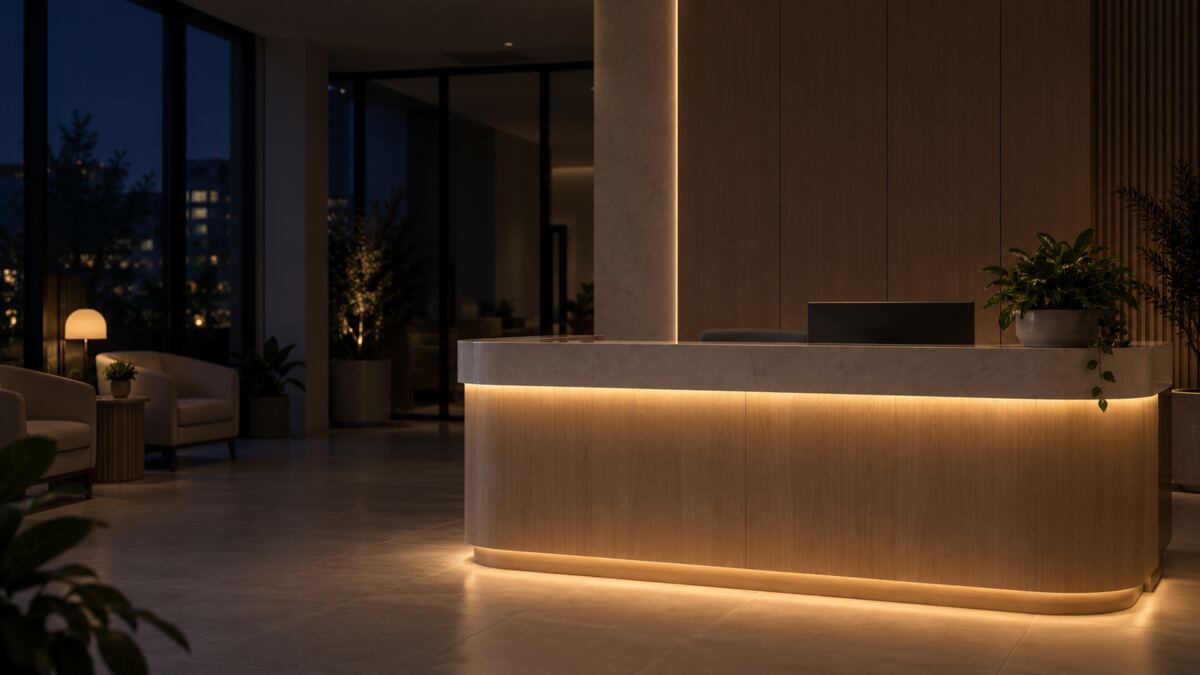 Empty clinic reception desk lit by warm under-counter light late in the evening, city windows dark behind it.