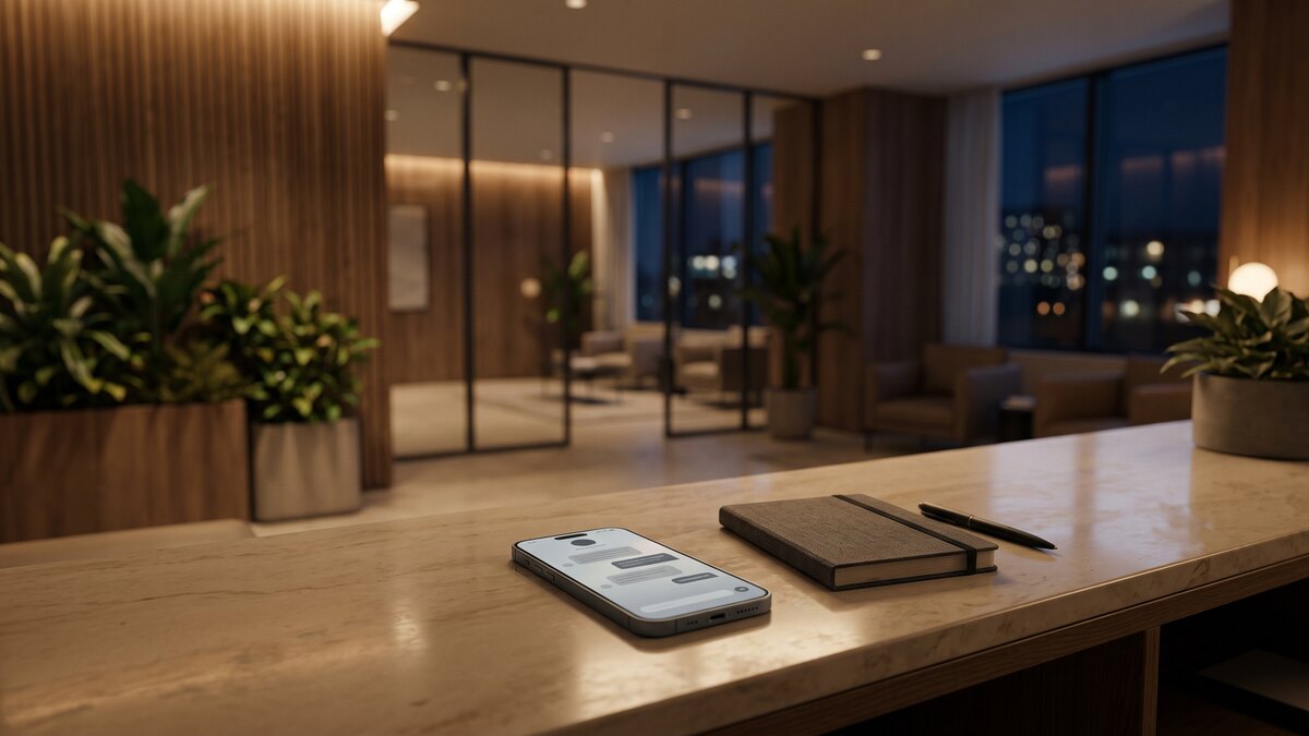 Smartphone displaying an AI conversation on a warmly lit clinic reception desk.