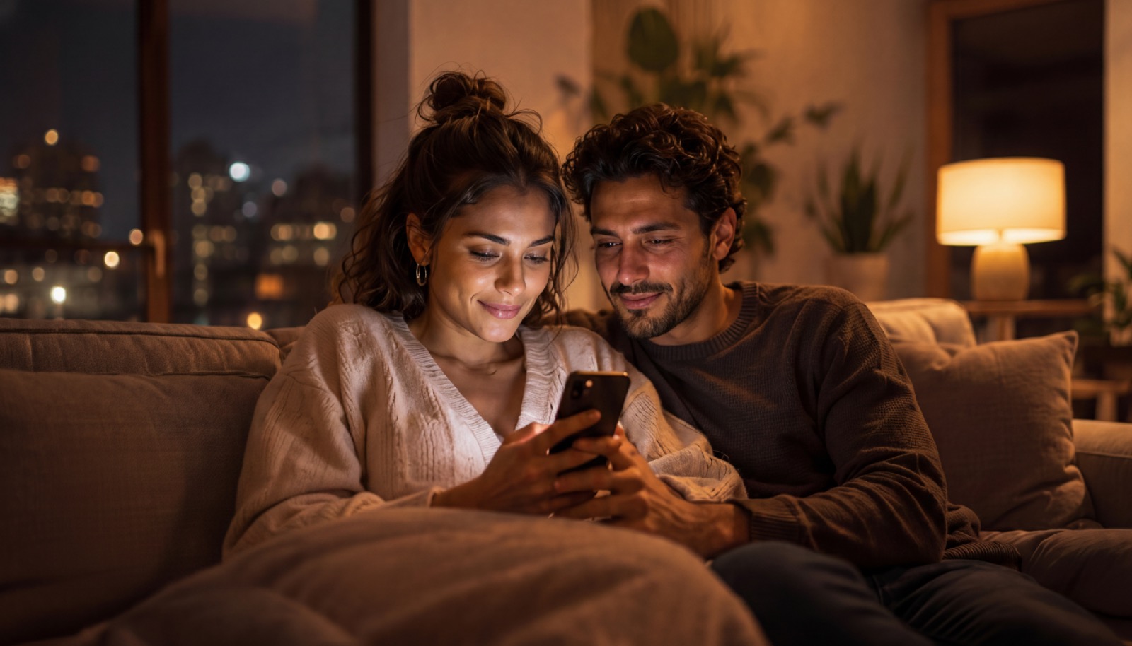 Couple browsing on a phone late at night