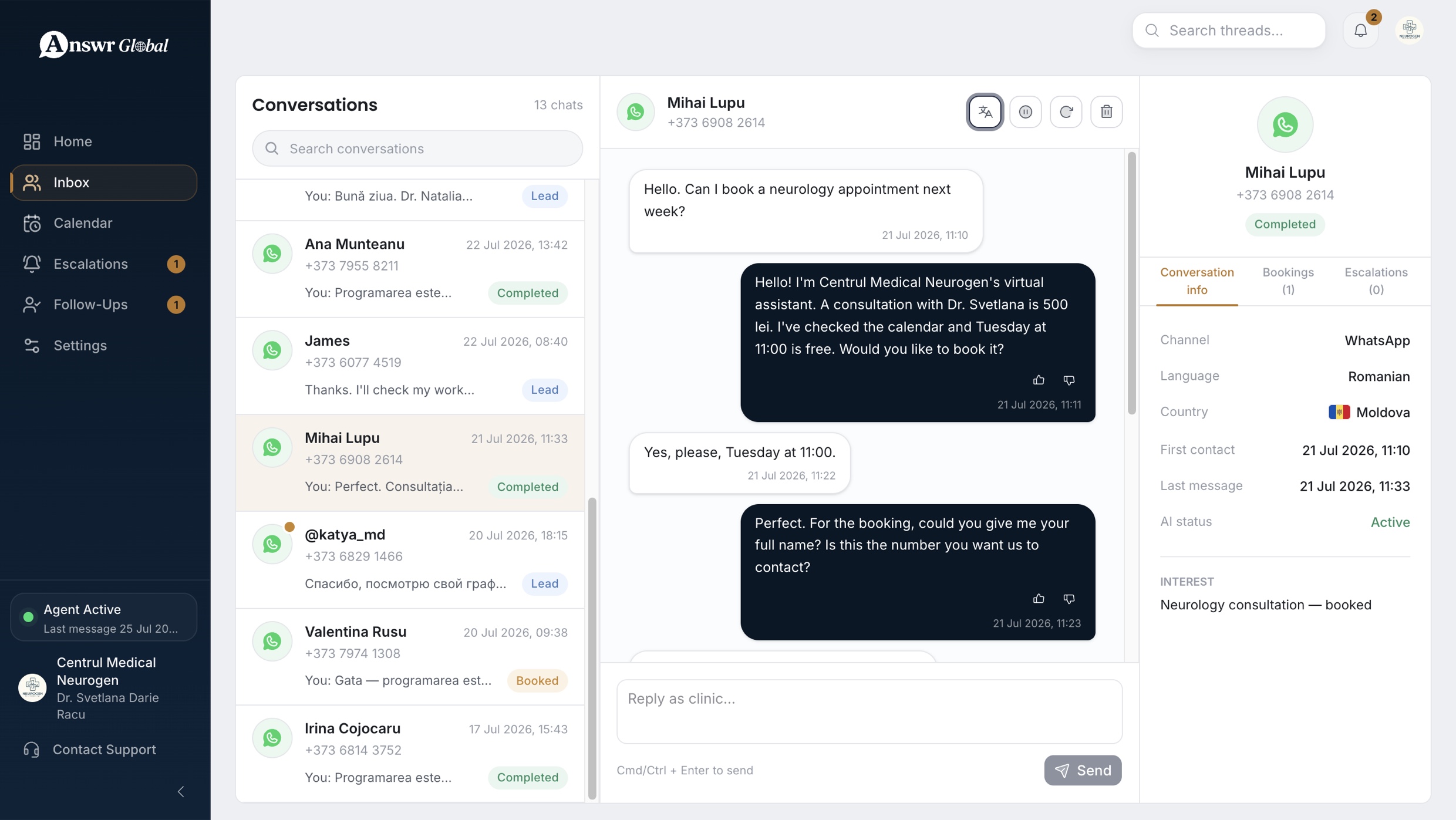 The Answr inbox: a list of WhatsApp conversations on the left, the selected conversation in the centre showing the AI booking a consultation, and the patient's details, booking and escalation tabs on the right.
