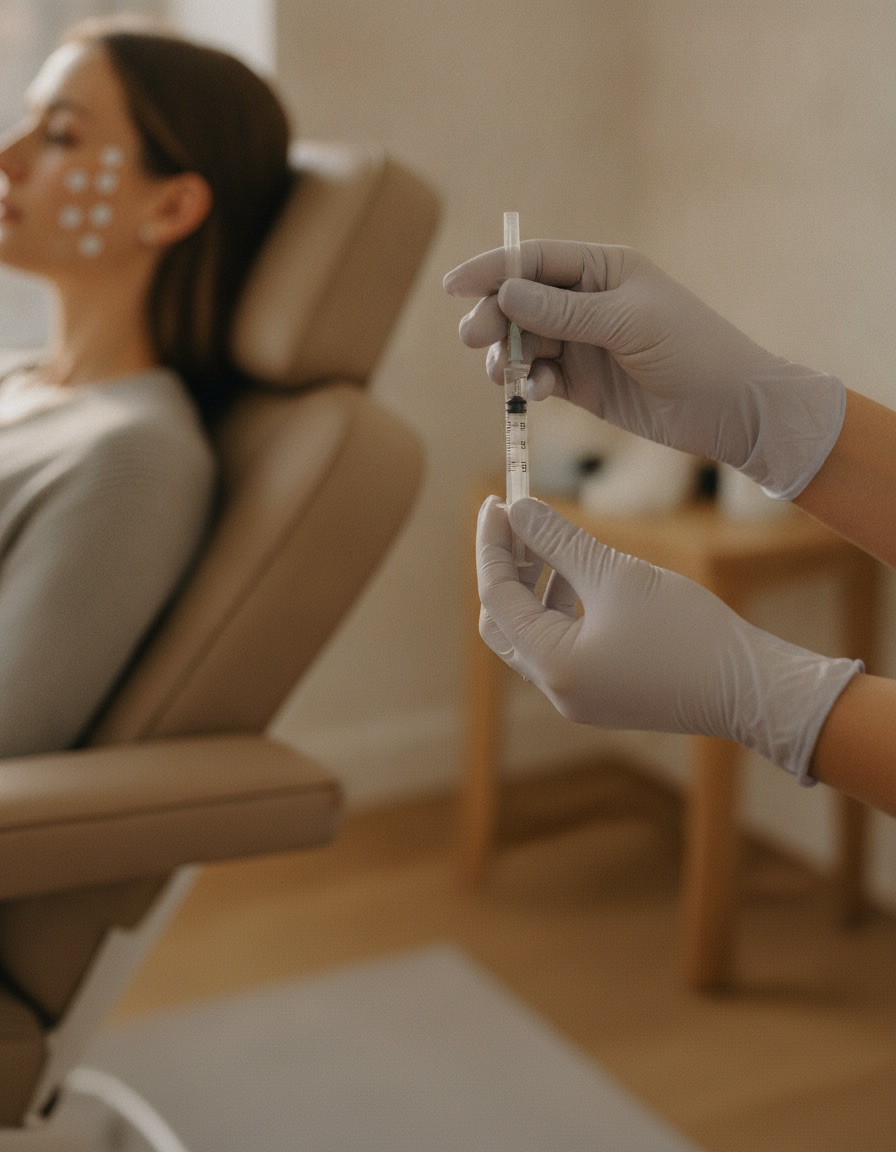A clinician's gloved hands checking a syringe, with a patient waiting in the background, marker dots on her cheek.