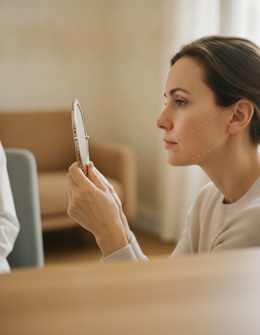 A patient studying her reflection in a hand mirror, with pre-surgical marking lines drawn along her jaw.