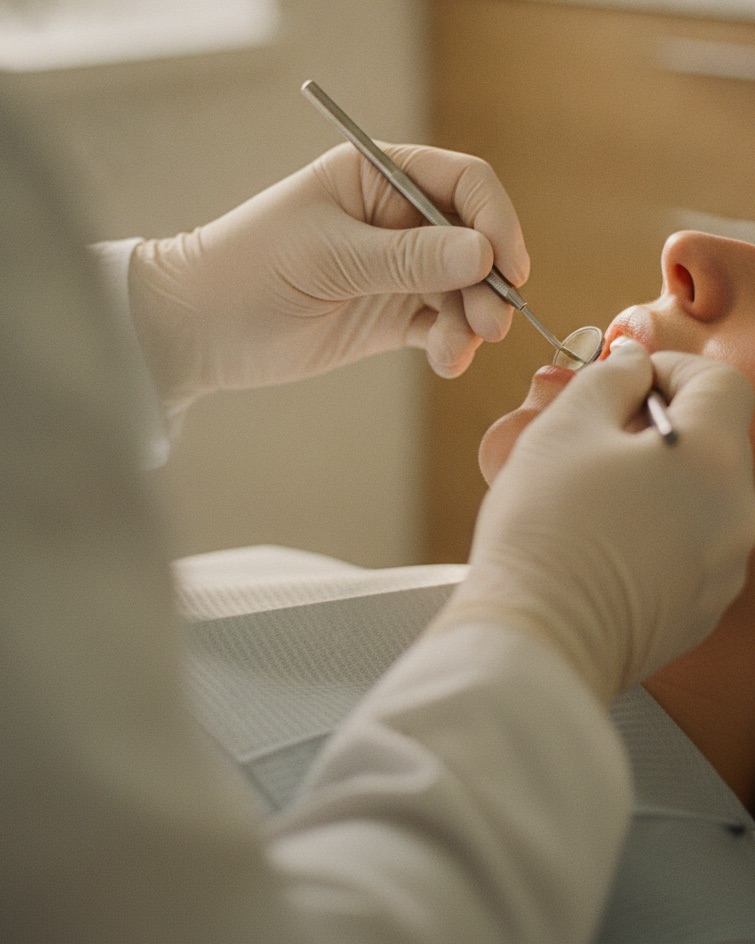 A dentist's gloved hands examining a patient with a mirror and probe in a modern dental clinic.