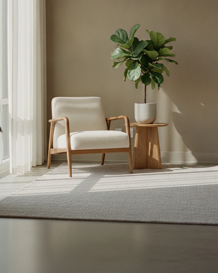 A calm, sunlit clinic waiting area with an armchair and a plant by the window.