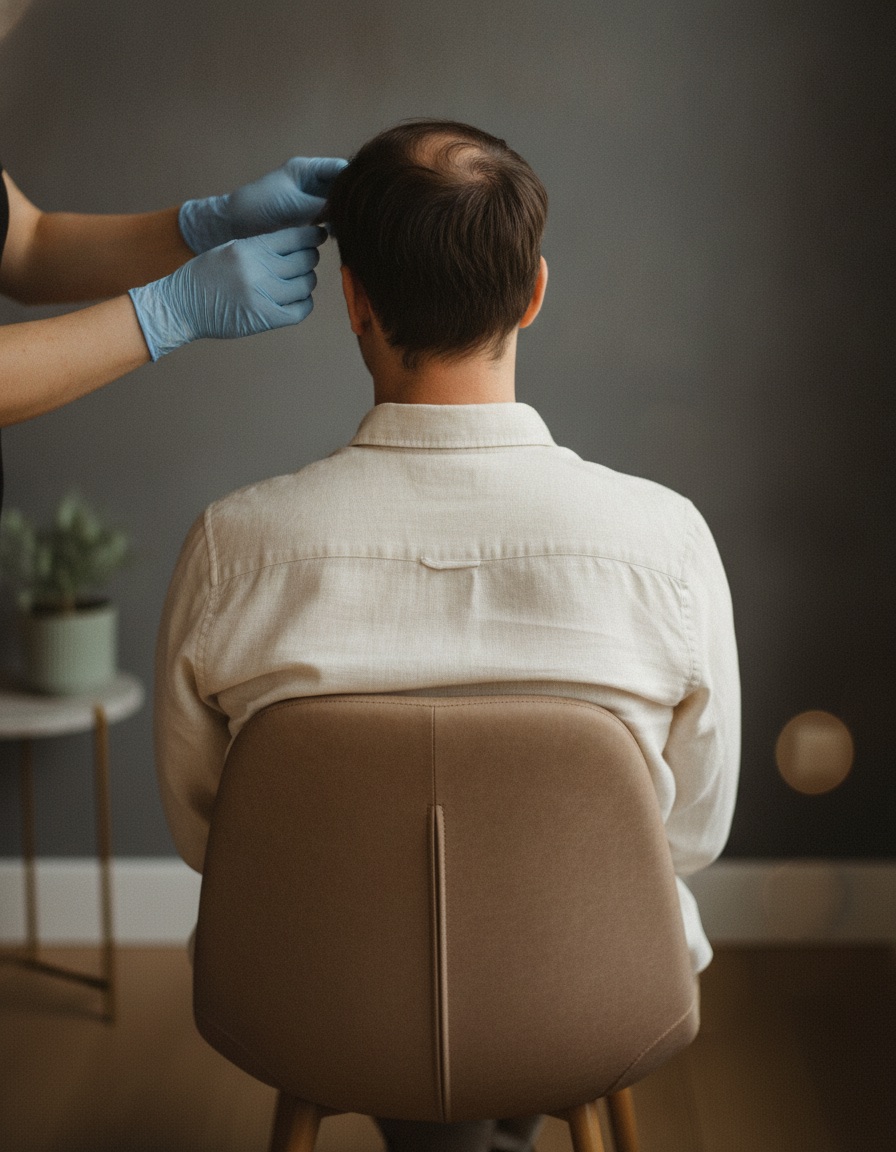 A clinician examining a patient's hairline from behind during a hair restoration consultation.